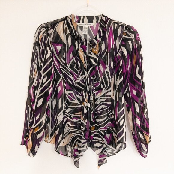 Diane Von Furstenberg Silk Ruffle Geometric Abstract Blouse Womens Size 2 - Picture 1 of 9